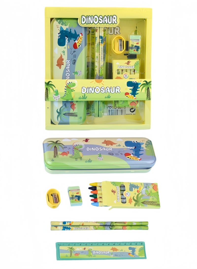 Dinosaur-Themed School Stationery Set for Kids - Gift-Ready Learning Box with Complete Back to School Supplies: Pencil Box, Erasers, Sharpener, Ruler & Crayons - Image 1