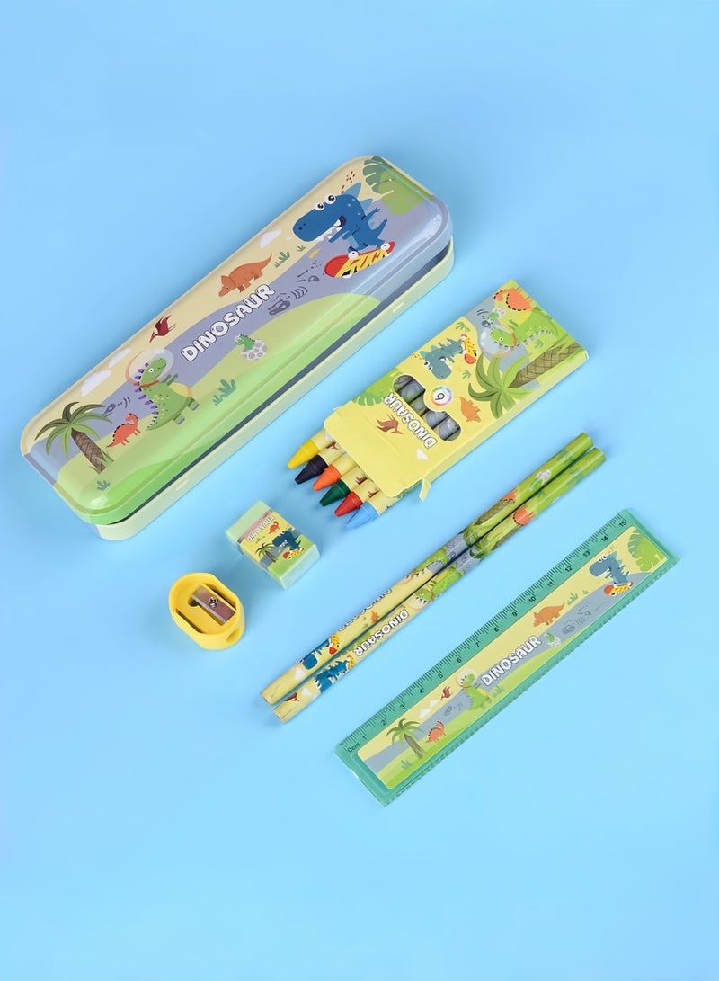 Dinosaur-Themed School Stationery Set for Kids - Gift-Ready Learning Box with Complete Back to School Supplies: Pencil Box, Erasers, Sharpener, Ruler & Crayons - Image 3