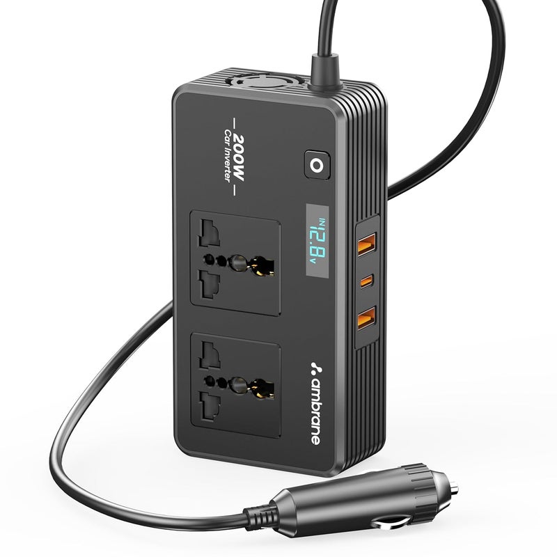 AMBRANE محول طاقة السيارة 200 واط / شاحن لابتوب، يشحن 5 أجهزة، 1 نوع C 33 واط PD، 2 USB 22.5 واط QC، 2 مخرج AC عالمي، تقنية شحن آمنة، لجميع سيارات 12 فولت DC (سمارت ستريب أوتو، أسود) - Image 1