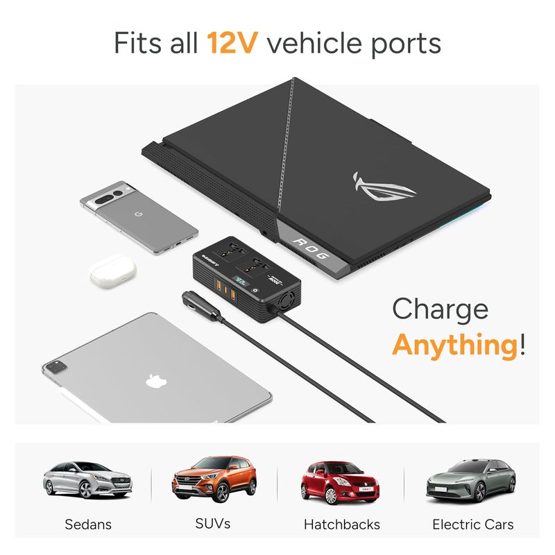AMBRANE محول طاقة السيارة 200 واط / شاحن لابتوب، يشحن 5 أجهزة، 1 نوع C 33 واط PD، 2 USB 22.5 واط QC، 2 مخرج AC عالمي، تقنية شحن آمنة، لجميع سيارات 12 فولت DC (سمارت ستريب أوتو، أسود) - Image 3