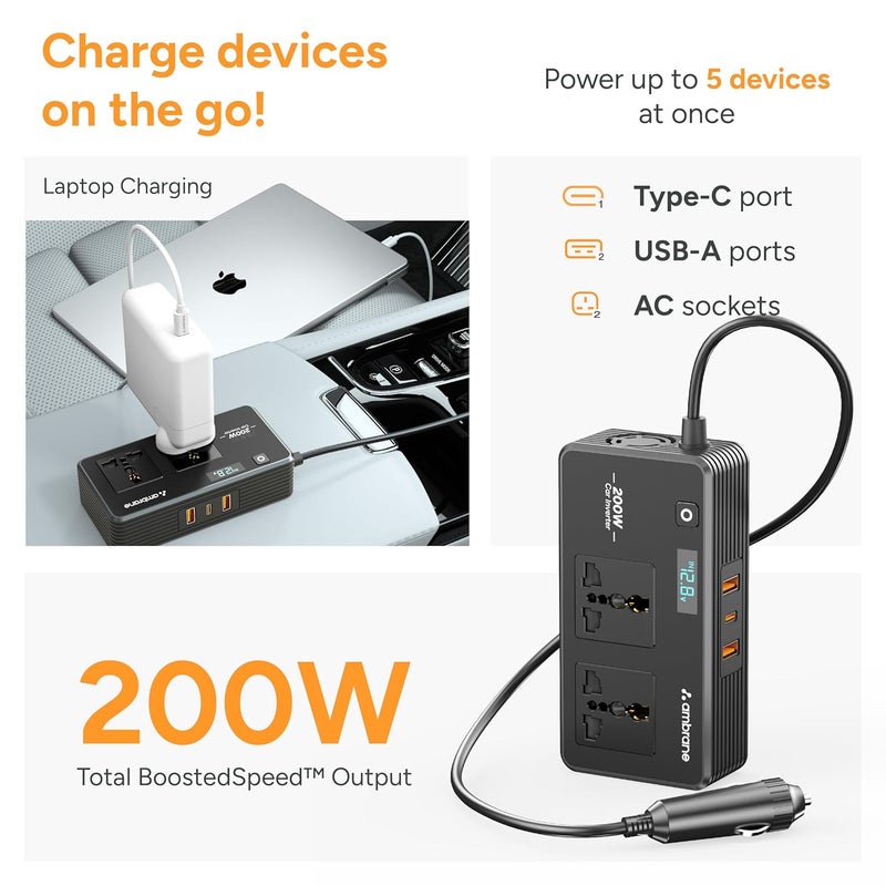 AMBRANE محول طاقة السيارة 200 واط / شاحن لابتوب، يشحن 5 أجهزة، 1 نوع C 33 واط PD، 2 USB 22.5 واط QC، 2 مخرج AC عالمي، تقنية شحن آمنة، لجميع سيارات 12 فولت DC (سمارت ستريب أوتو، أسود) - Image 2