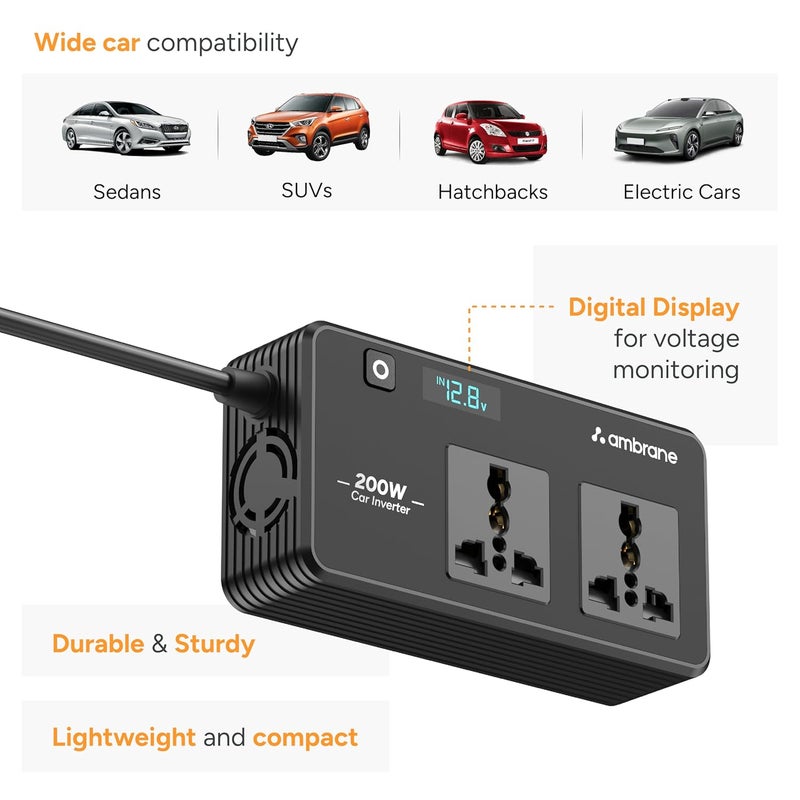 AMBRANE محول طاقة السيارة 200 واط / شاحن لابتوب، يشحن 5 أجهزة، 1 نوع C 33 واط PD، 2 USB 22.5 واط QC، 2 مخرج AC عالمي، تقنية شحن آمنة، لجميع سيارات 12 فولت DC (سمارت ستريب أوتو، أسود) - Image 5