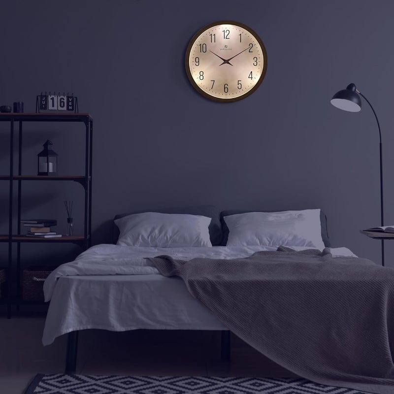 Lafocuse Night Light Wall Clock 30 cm without Ticking Noise, Modern Brown Wall Clock Glows in the Dark, Easy to Read Battery Operated Wall Clocks Decoration for Kitchen Living Room Bedroom - Image 2