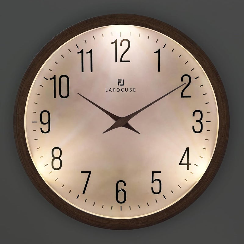 Lafocuse Night Light Wall Clock 30 cm without Ticking Noise, Modern Brown Wall Clock Glows in the Dark, Easy to Read Battery Operated Wall Clocks Decoration for Kitchen Living Room Bedroom - Image 1