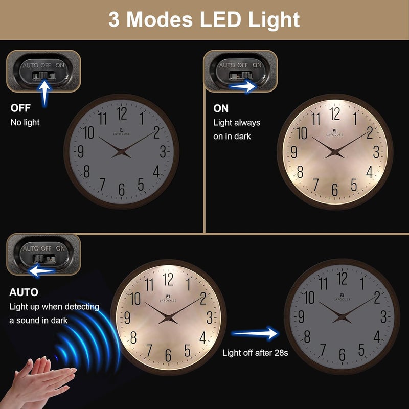 Lafocuse Night Light Wall Clock 30 cm without Ticking Noise, Modern Brown Wall Clock Glows in the Dark, Easy to Read Battery Operated Wall Clocks Decoration for Kitchen Living Room Bedroom - Image 4