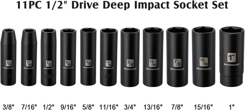 MIXPOWER 11 Pieces 1/2-Inch Drive Deep Impact Socket Set, 3/8-Inch to 1-Inch, CR-V, SAE, 6 Point, Deep, 11 Pieces 1/2" Dr. Socket - Image 3