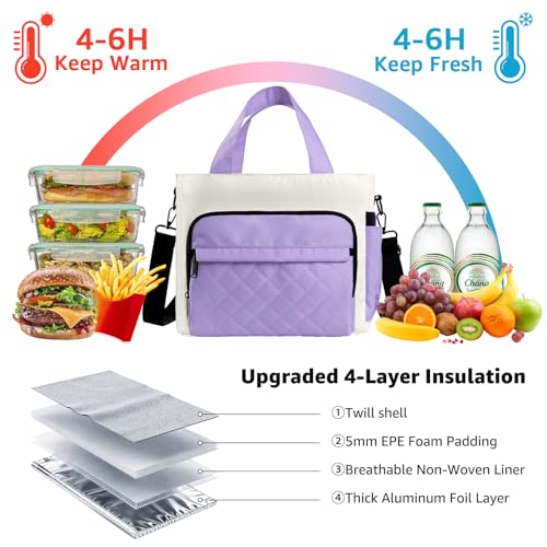 WAKOSAN Women's Insulated Lunch Box Bag - Stylish Tote Design, Leakproof Waterproof Lunch Cooler, Large Lunch Tote Bags for Work Commute & Dates (White-Purple) - Image 4