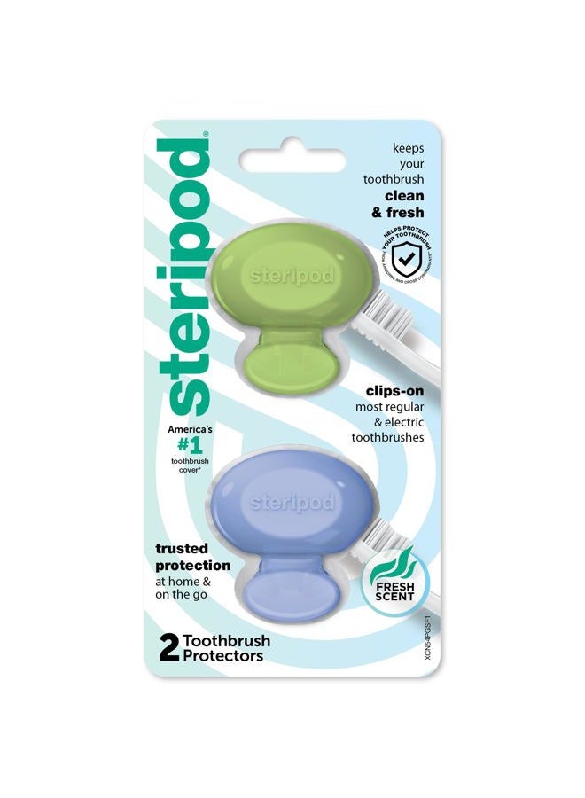 Steripod Clip-On Toothbrush Protector, Green and Blue, 2 Count - Image 1