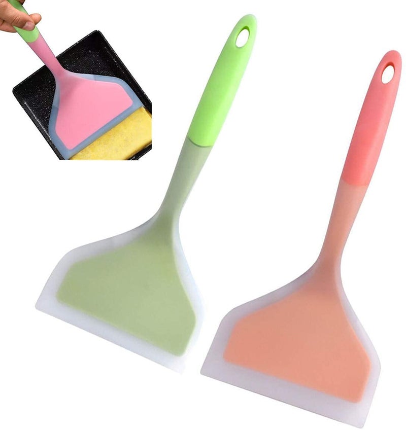 LUOYIMAO LUOYIMAO Silicone Pancakes Shovel Wide Spatula Turner Nonstick Fried Shovel Fish Spatula Silicone Wide Flexible Turner for Nonstick Cookware Egg Cookie Omelette 2Pieces (Green+Orange)  - Image 1
