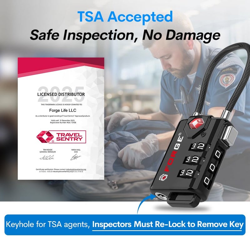 Forge TSA Approved Cable Luggage Locks, Re-settable Combination with Alloy Body  - Image 2