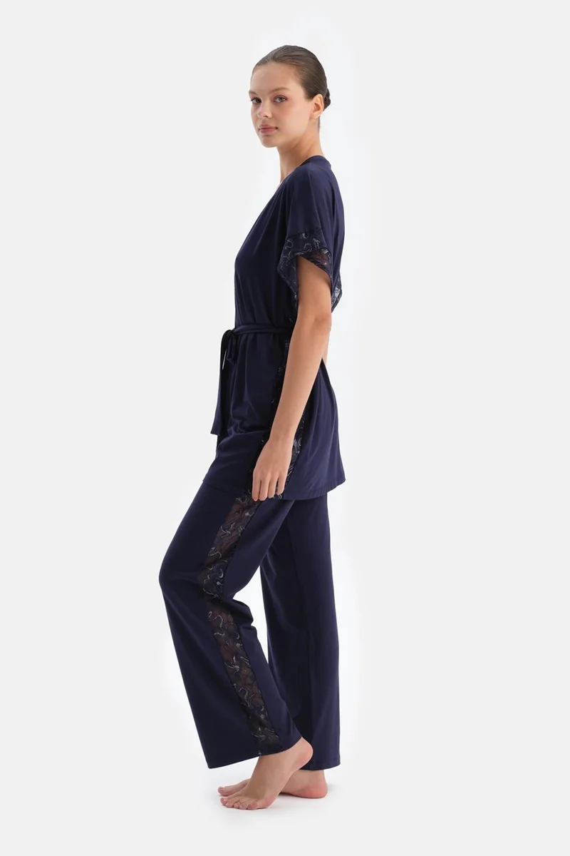 dagi Navy Blue Lace Detailed Viscose Dressing Gown