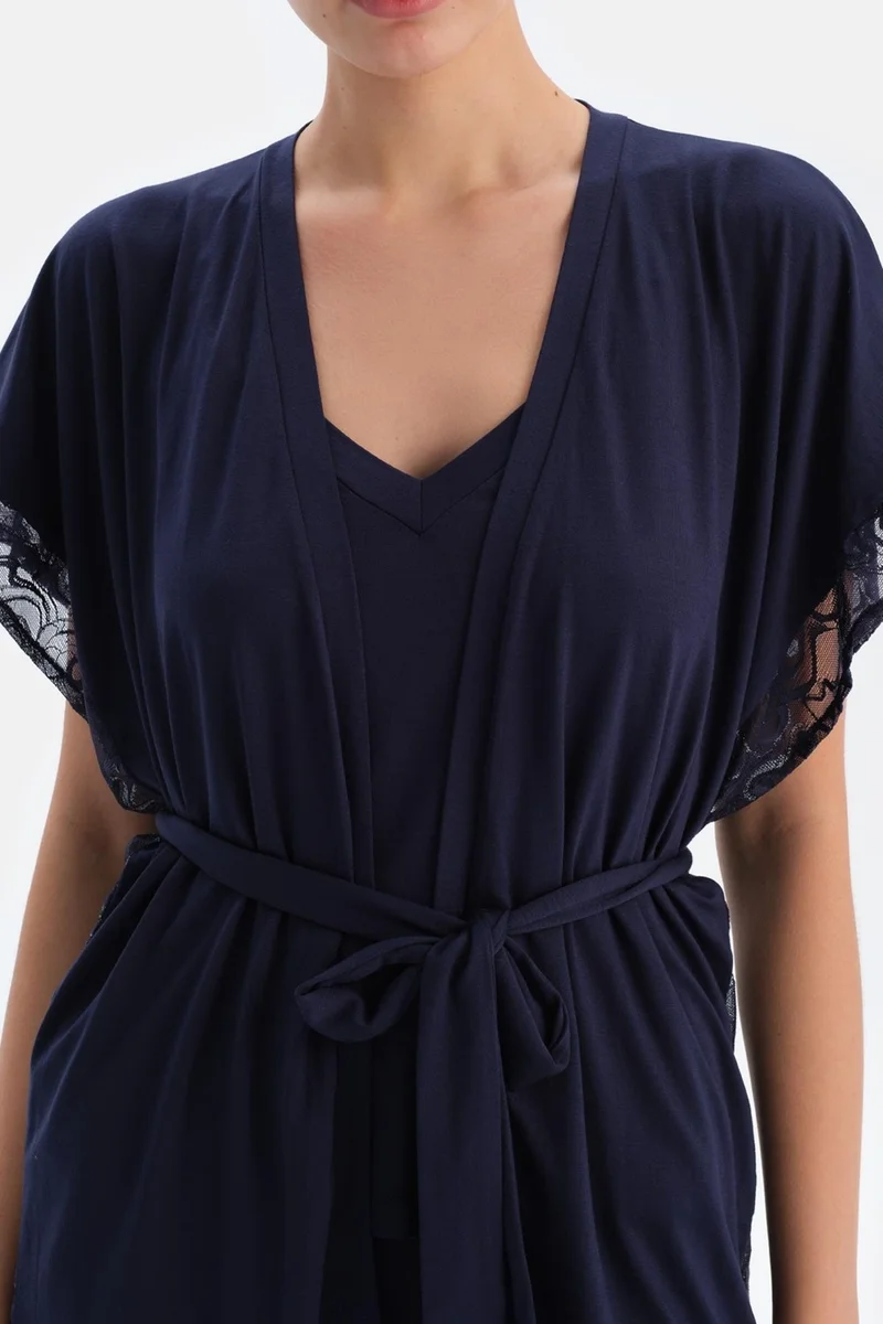 dagi Navy Blue Lace Detailed Viscose Dressing Gown