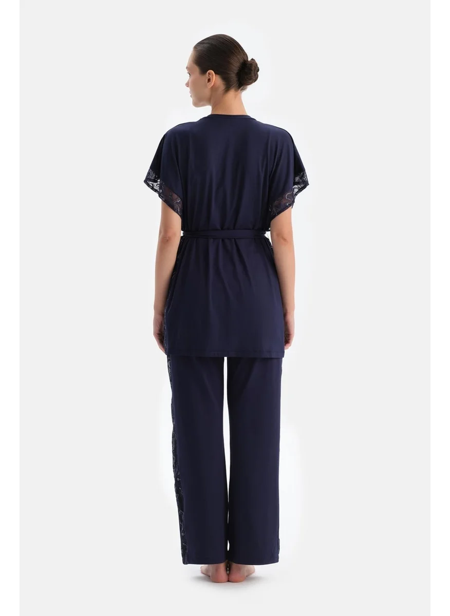 داجي Navy Blue Lace Detailed Viscose Dressing Gown