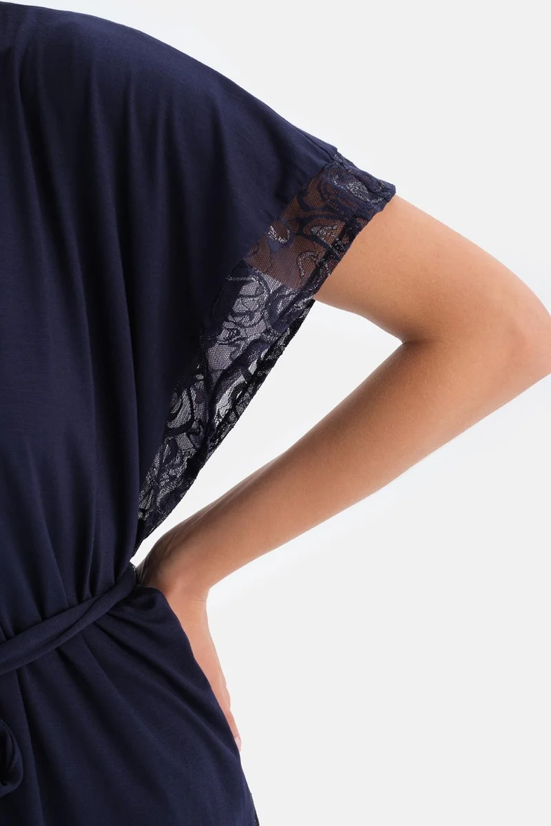 dagi Navy Blue Lace Detailed Viscose Dressing Gown