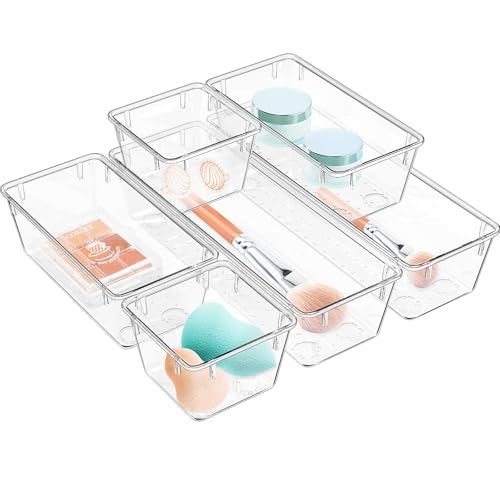 WOWBOX 6 Pack Clear Drawer Organizer Set, Acrylic Drawer Storage Trays, Storage Bins for Makeup, Cosmetics, Jewelries, Utensils, Gadgets, Office - Image 1