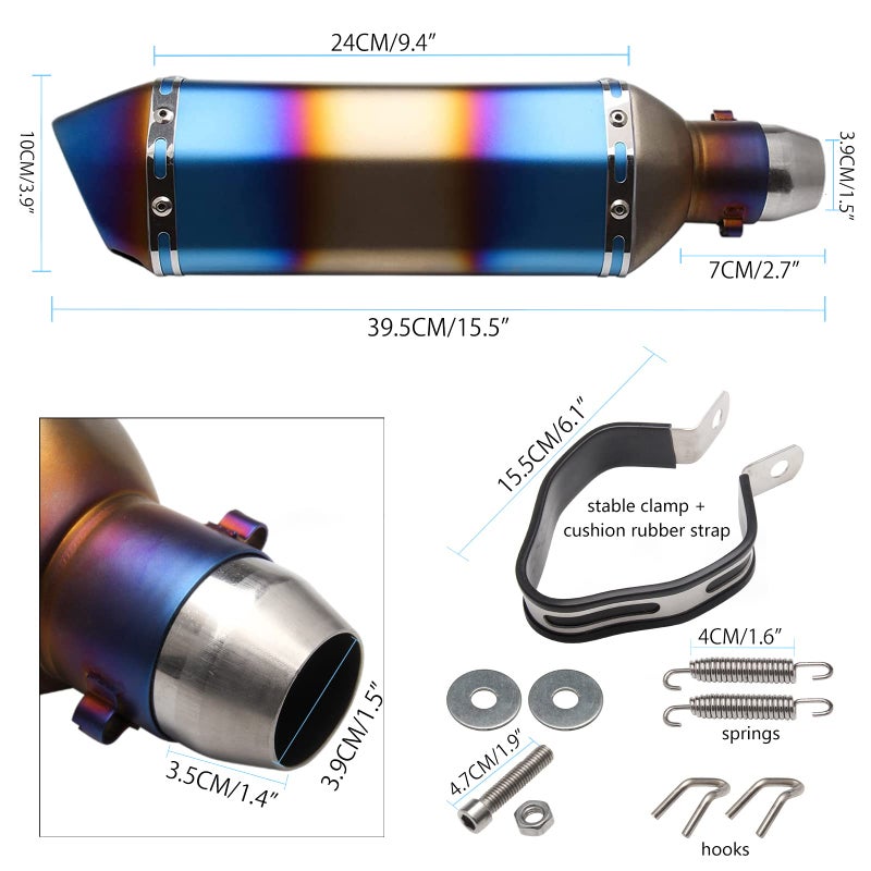 POSENG 1.5-2" Inlet Motorcycle Exhaust Muffler Slip On 400mm Lengthened Universal for Dirt Bike ATV Street Bike 38-51mm Inlet with DB Killer Silencer HTRACING (Grilled Blue) - Image 2