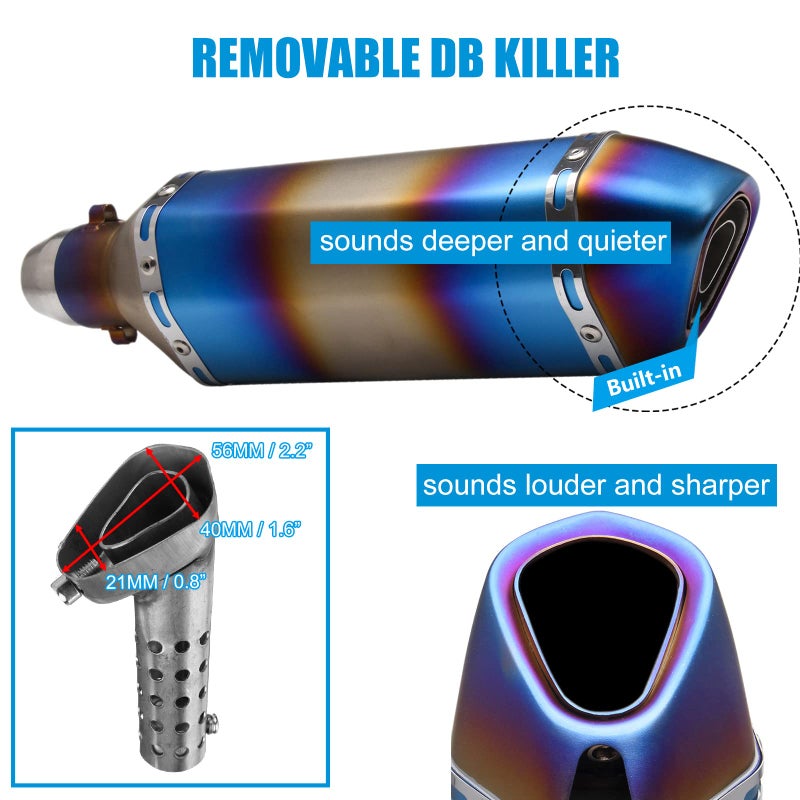 POSENG 1.5-2" Inlet Motorcycle Exhaust Muffler Slip On 400mm Lengthened Universal for Dirt Bike ATV Street Bike 38-51mm Inlet with DB Killer Silencer HTRACING (Grilled Blue) - Image 5