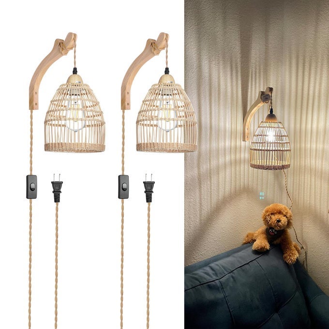 FRIDEKO BOHO RECHARGEABLE BATTERY OPERATED WALL SCONCES SET OF TWO WITH REMOTE RGB 15 COLORS DIMMABLE WIRELESS WALL LIGHT BAMBOO INDOOR WALL LAMP WITH 3 TIMER RATTAN WALL LIGHTING FOR BEDROOM