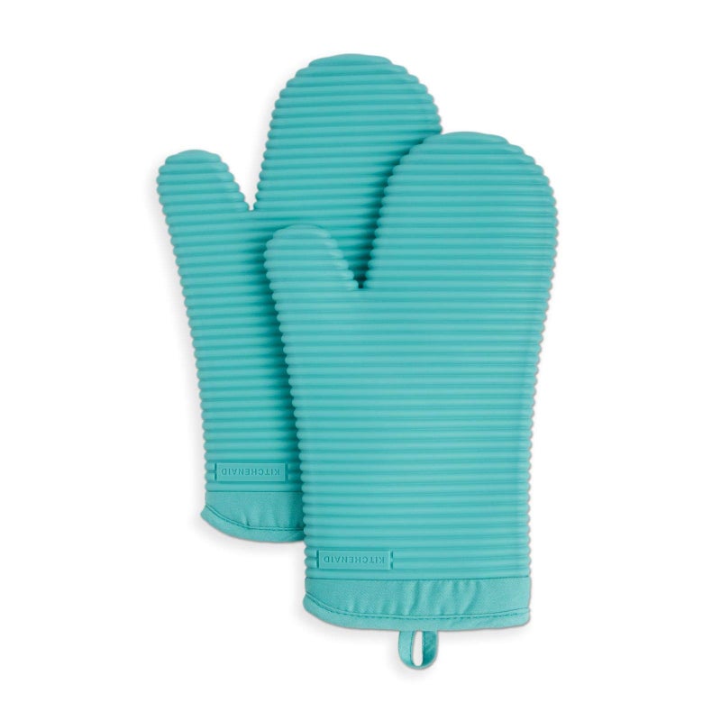 KitchenAid Ribbed Soft Silicone Oven Mitt Set  7""x13""  Aqua Sky 2 Count - Image 1