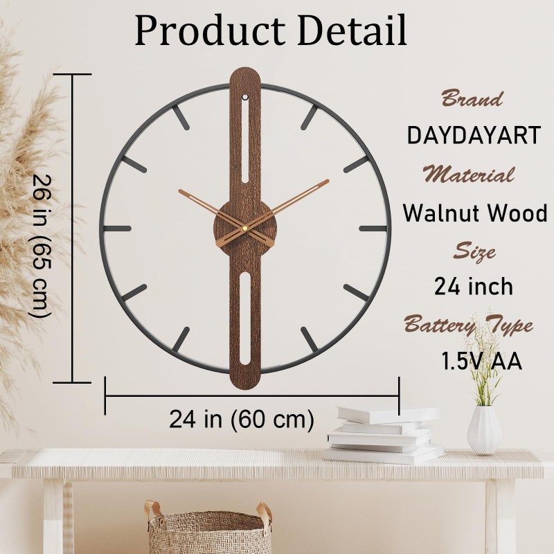 DAYDAYART Modern Walnut Dial Wall Clock, Wood Large Wall Clock Decor Metal Frame Silent Non Ticking for Living Room, Bedroom, Kitchen, Study Decoration, Handmade Home Present Idea, 24 in ï¼ˆ60 cmï¼‰ - Image 3