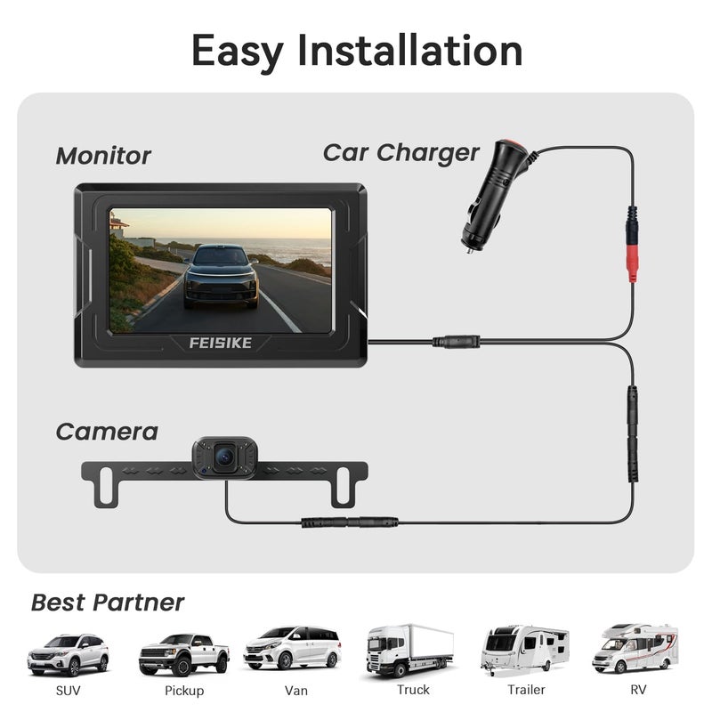 FEISIKE Backup Camera, 1080P IR Night Vision with Monitor, Easy Setup Plug-Play Rear View Camera, 150 Degrees Wide Angle, IP68 Waterproof, 4.3" Display for Car Truck SUV - Image 2