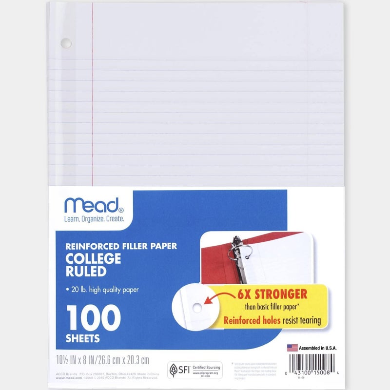 Mead Loose Leaf Paper, 3 Pack, Notebook Paper, College Ruled Filler Paper, Reinforced, 8 x 10.5, 100 Sheets per Pack (38037) - Image 1
