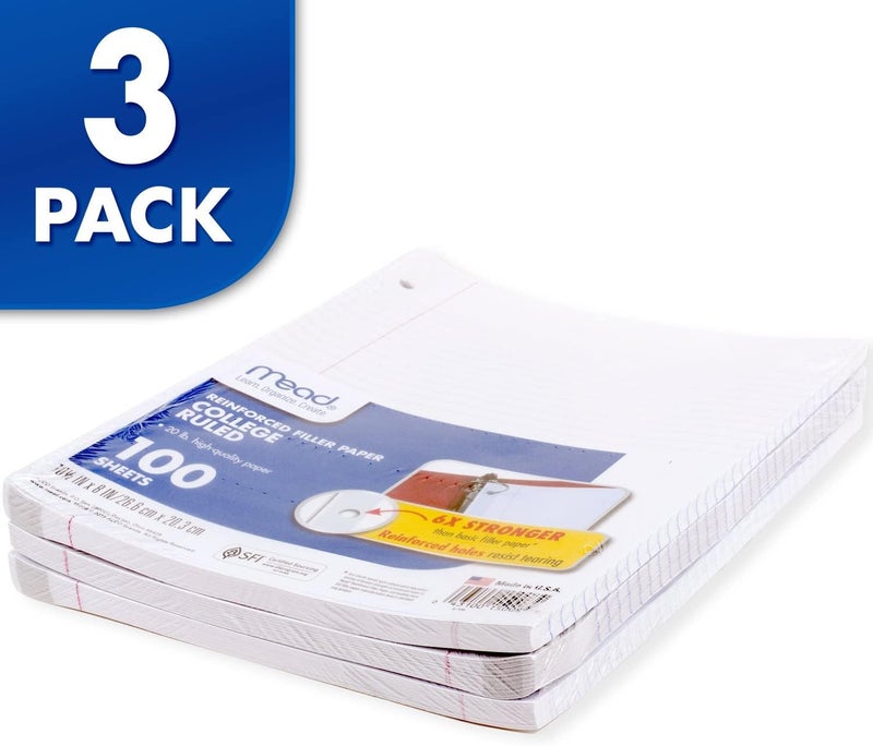 Mead Loose Leaf Paper, 3 Pack, Notebook Paper, College Ruled Filler Paper, Reinforced, 8 x 10.5, 100 Sheets per Pack (38037) - Image 2