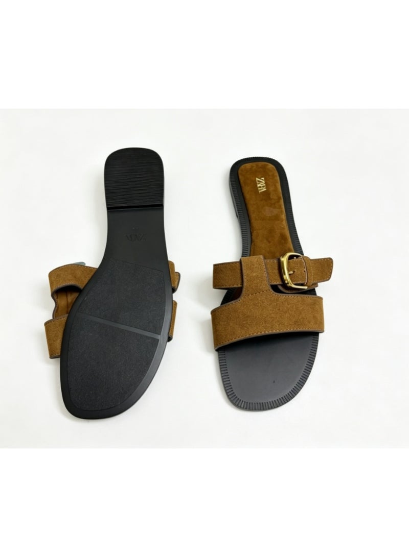 Zara Brown Suede Flat Sandals with Metal Buckle Details - Image 4