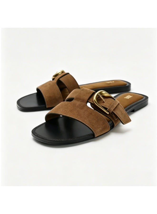 Zara Brown Suede Flat Sandals with Metal Buckle Details - Image 1