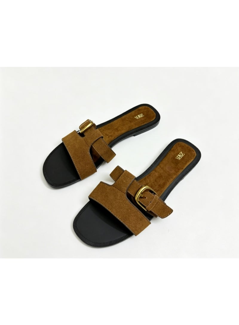 Zara Brown Suede Flat Sandals with Metal Buckle Details - Image 2
