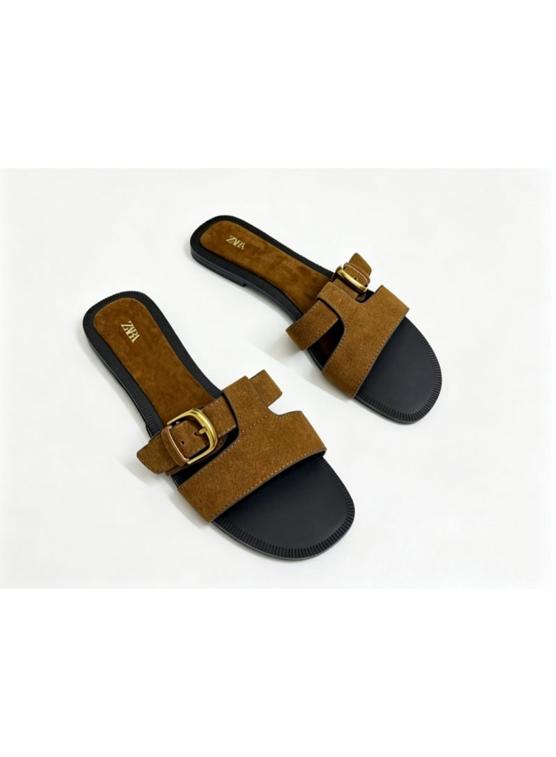 Zara Brown Suede Flat Sandals with Metal Buckle Details - Image 3