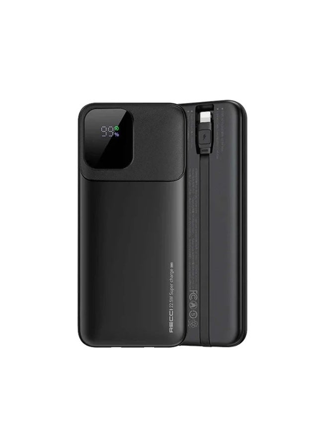 Recci RPB-P67 10000mAh Power Bank | 22.5W SuperCharge & 20W PD | Built-in Lightning & Type-C Cables | Digital Display | 4-in-1 Fast Charging | Black