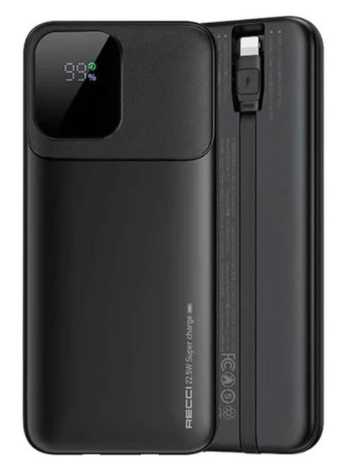 Recci Power Bank Recci RPB-P67 10000mAh Power Bank | 22.5W SuperCharge & 20W PD | Built-in Lightning & Type-C Cables | Digital Display | 4-in-1 Fast Charging | Black