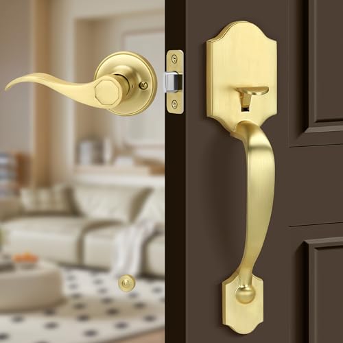 Gaurqiah Gold Front Door Handle Set with Passage Lever Deadbolt Not IncludedExterior Door Handleset for Single Cylinder or Smart Deadbolts Satin Brass - Image 1