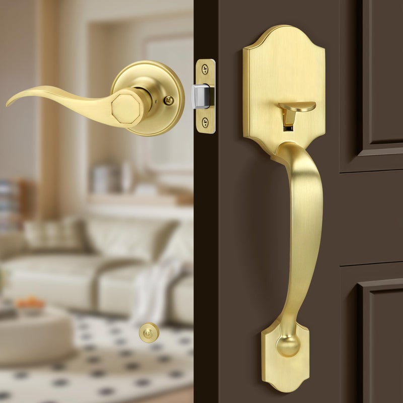 Gaurqiah Gold Front Door Handle Set with Passage Lever Deadbolt Not IncludedExterior Door Handleset for Single Cylinder or Smart Deadbolts Satin Brass - Image 2