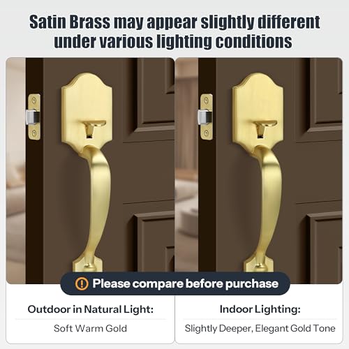 Gaurqiah Gold Front Door Handle Set with Passage Lever Deadbolt Not IncludedExterior Door Handleset for Single Cylinder or Smart Deadbolts Satin Brass - Image 3