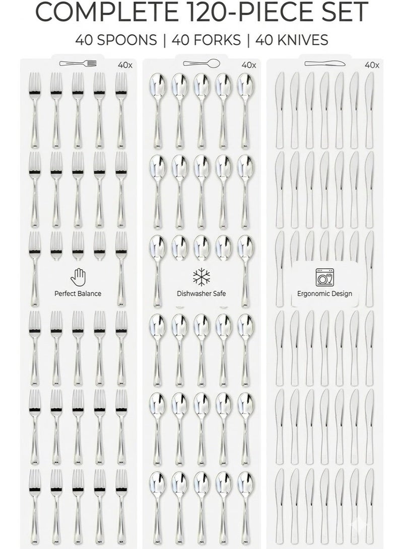 4basix Premium Silver Cutlery Set, 120 Pieces Flatware Collection Includes 40 Spoons 40 Forks And 40 Knives, Reusable Dining Tableware Set For Home Kitchen Serving And Events - Image 3