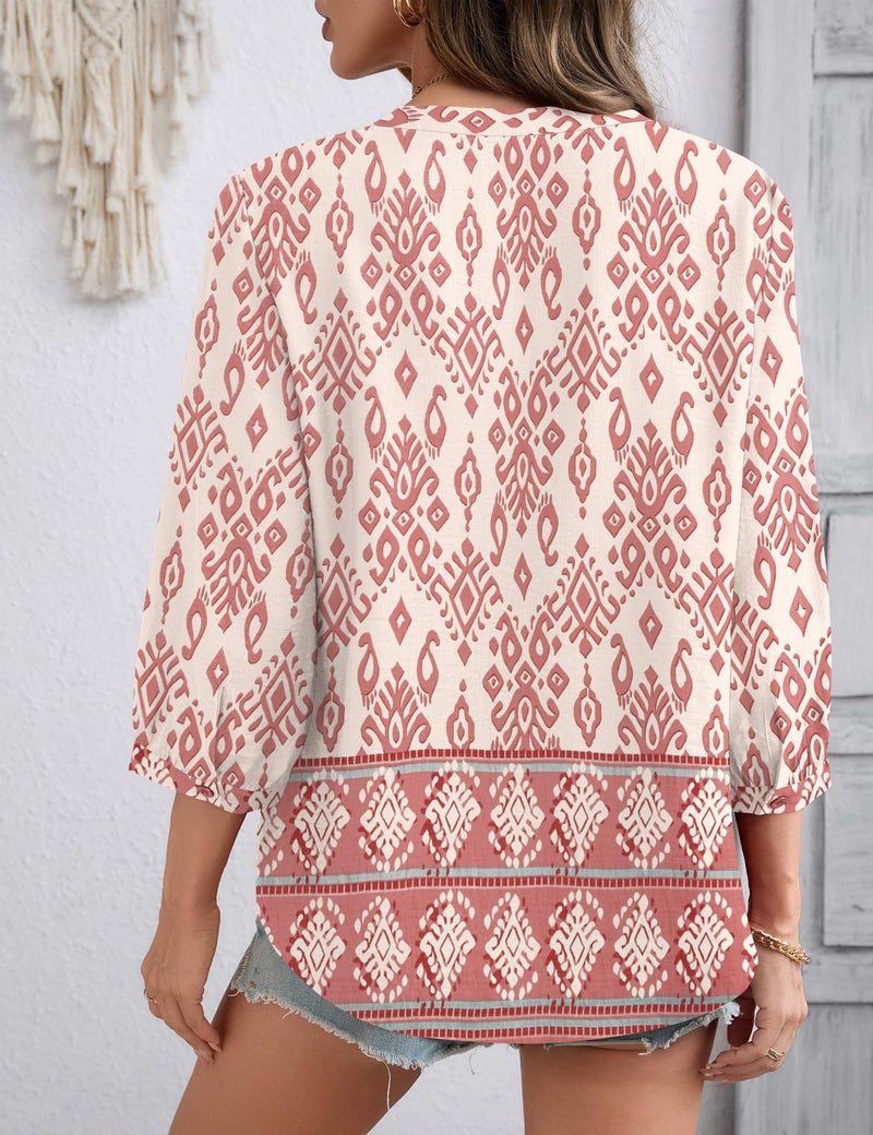 LOMON 3/4 Length Sleeve Boho Fall Fashion Tops Blouses Dressy Casual Shirts for Women Trendy V-Neck Tunic T Shirt - Image 5