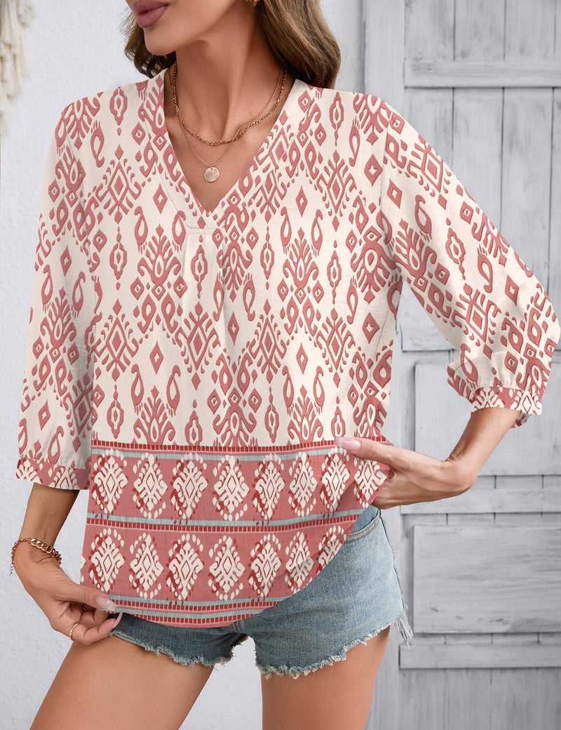 LOMON 3/4 Length Sleeve Boho Fall Fashion Tops Blouses Dressy Casual Shirts for Women Trendy V-Neck Tunic T Shirt - Image 3