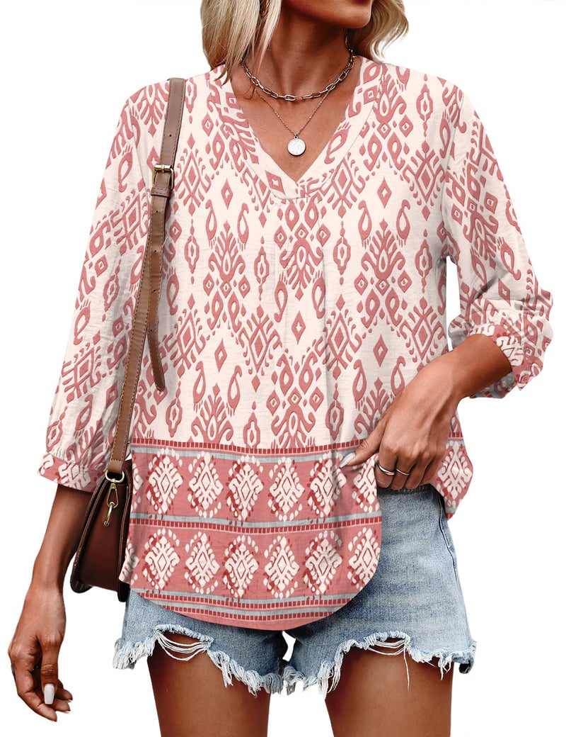 LOMON 3/4 Length Sleeve Boho Fall Fashion Tops Blouses Dressy Casual Shirts for Women Trendy V-Neck Tunic T Shirt - Image 4