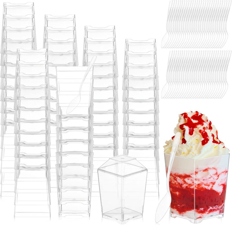 Zhehao مجموعة زهاو 50 طقم أكواب حلوى بلاستيكية شفافة سعة 4 أونص مع أغطية وملاعق أكواب مقبلات مربعة أكواب بارفيه صغيرة مع أغطية أكواب شوت أكواب بودينغ مع غطاء لحفلة تذوق مقبلات فواكه تريفل موسى - Image 1