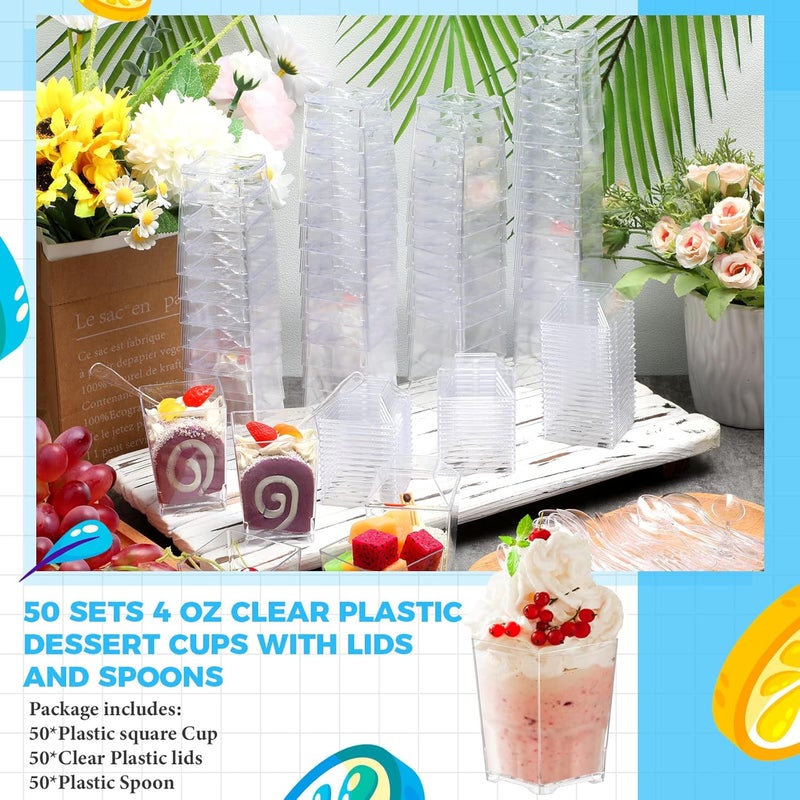 Zhehao مجموعة زهاو 50 طقم أكواب حلوى بلاستيكية شفافة سعة 4 أونص مع أغطية وملاعق أكواب مقبلات مربعة أكواب بارفيه صغيرة مع أغطية أكواب شوت أكواب بودينغ مع غطاء لحفلة تذوق مقبلات فواكه تريفل موسى - Image 3