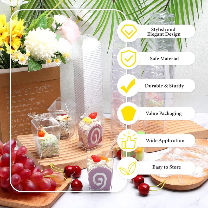 Zhehao مجموعة زهاو 50 طقم أكواب حلوى بلاستيكية شفافة سعة 4 أونص مع أغطية وملاعق أكواب مقبلات مربعة أكواب بارفيه صغيرة مع أغطية أكواب شوت أكواب بودينغ مع غطاء لحفلة تذوق مقبلات فواكه تريفل موسى - Image 5