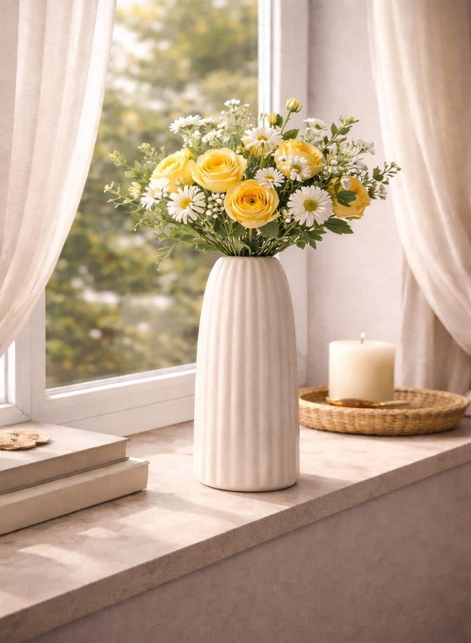 PulGos Off-White Striped Ceramic Flower Vase - Modern Ribbed Boho Flower Vase for Pampas Grass & Dried Flowers - Elegant Minimalist Decorative Bottle Centerpiece for Living Room, Shelf & Office Decor - Image 4