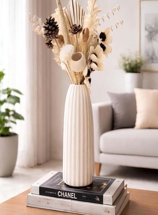 PulGos Off-White Striped Ceramic Flower Vase - Modern Ribbed Boho Flower Vase for Pampas Grass & Dried Flowers - Elegant Minimalist Decorative Bottle Centerpiece for Living Room, Shelf & Office Decor - Image 1