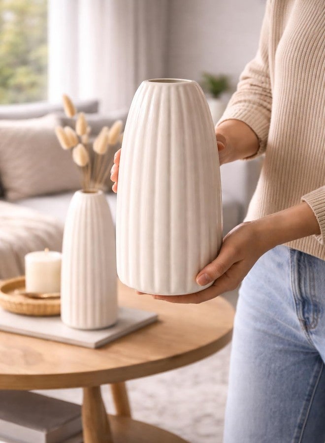 PulGos Off-White Striped Ceramic Flower Vase - Modern Ribbed Boho Flower Vase for Pampas Grass & Dried Flowers - Elegant Minimalist Decorative Bottle Centerpiece for Living Room, Shelf & Office Decor - Image 2