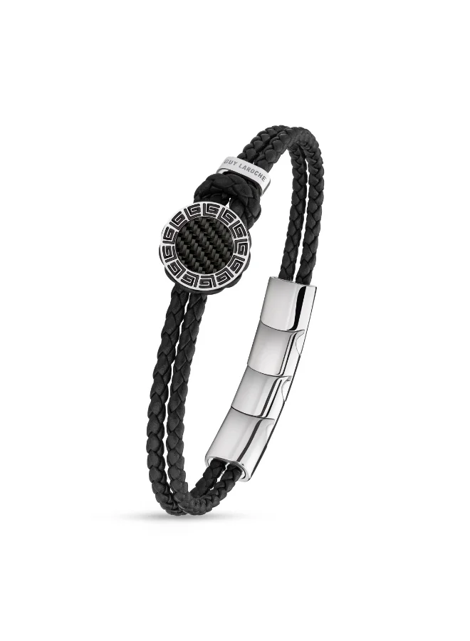 Guy Laroche Marc Black Braided Leather Bracelet with Engraved GL Logo for Men