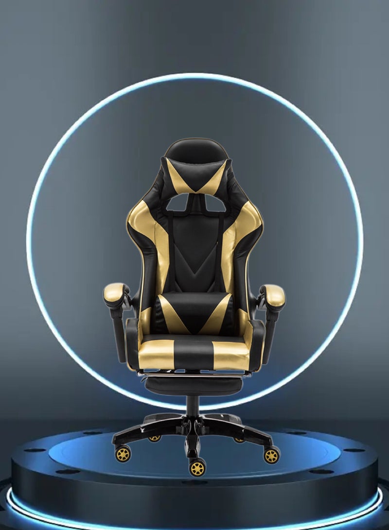 Generic Gaming Chair with Footrest for Adults Ergonomic High Back Office Racing Chair with Armrest, Swivel Leather Desk Chairs with Adjustable Headrest and Lumbar Cushion for Office and Home Golden  - Image 1