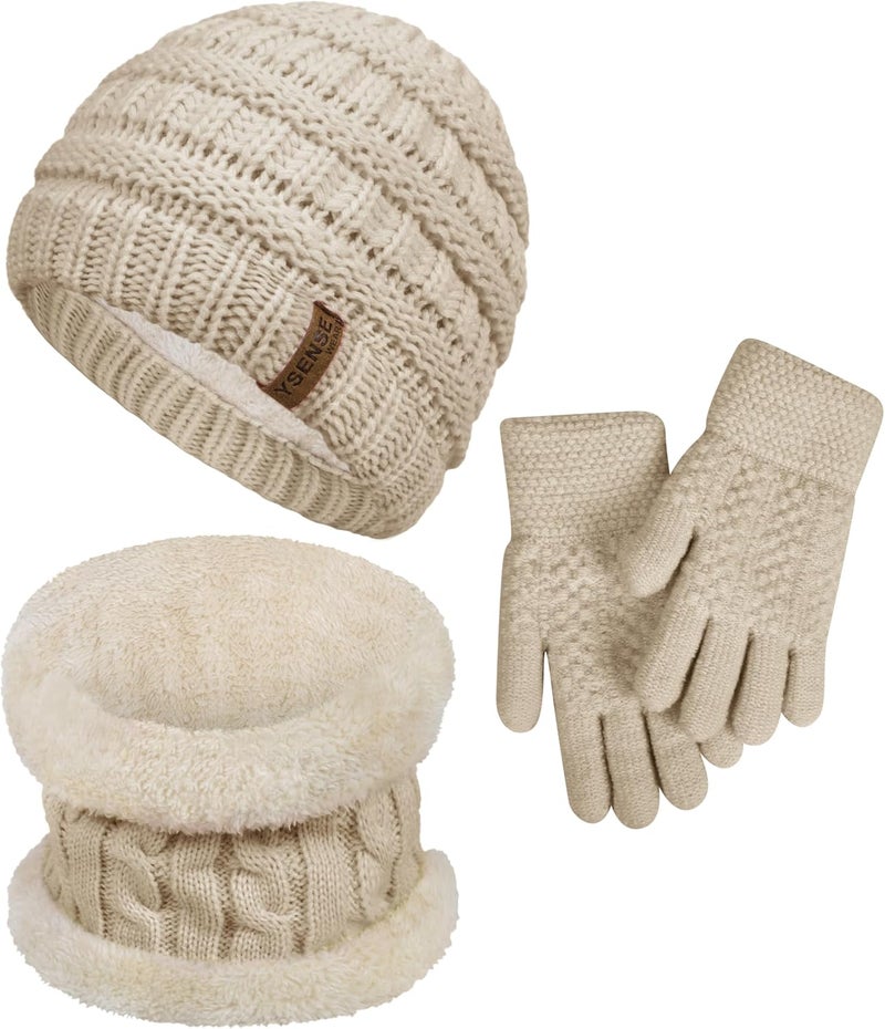 YSense 3 Pcs Kids Winter Beanie Hat Scarf Gloves Set Thick Knit Warm Fleece Fuzzy Lined Beanie Caps Mittens for Boys Girls - Image 1