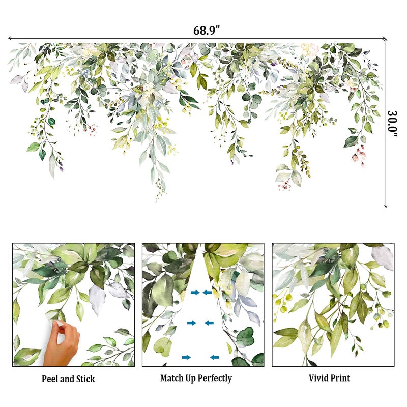 VePret Green Plants Leaves Wall Decals Peel and Stick, Large Floral Flowers Wall Stickers, Removable Vine Home Decor Art for Bedroom Living Room Classroom Office - Image 2